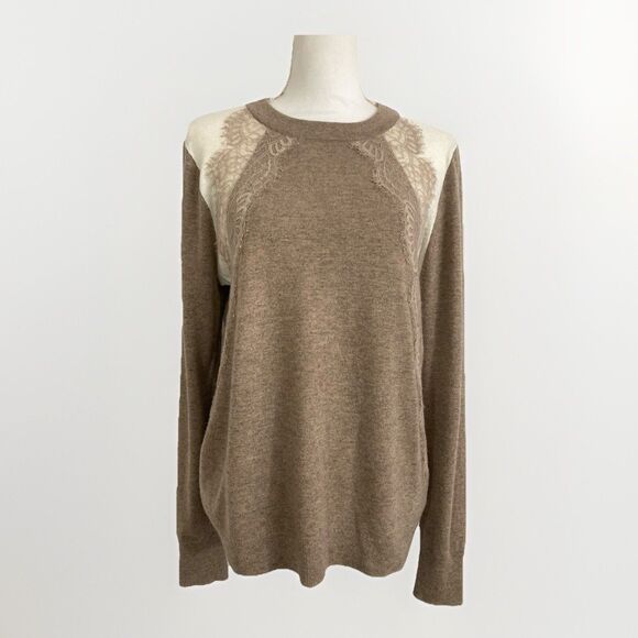 J.Crew Women’s M Brown Wool Blend Colorblock Lace Sweater Preppy Winter - Picture 1 of 9